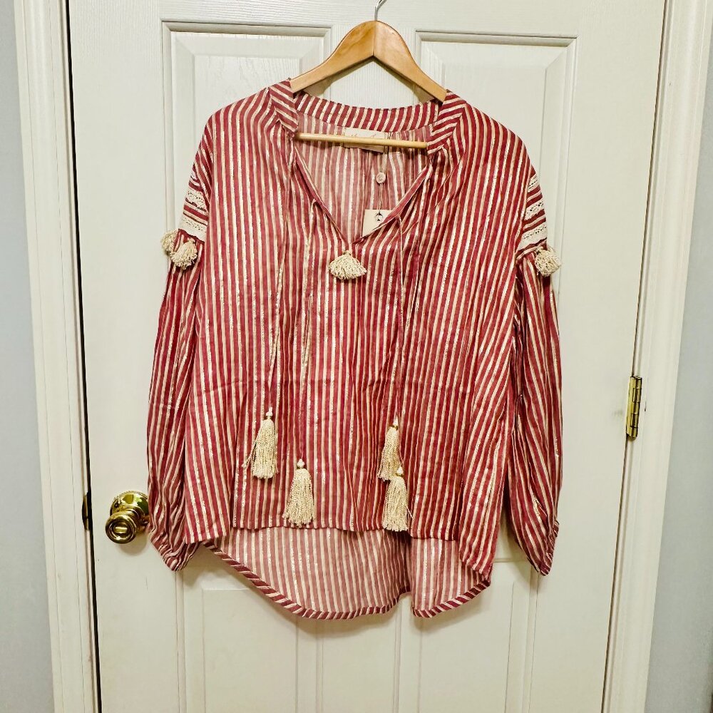 MISS JUNE PARIS BOHO PEASANT RED AND METALLIC GOLD STRIPE TASSELS TUNIC TOP